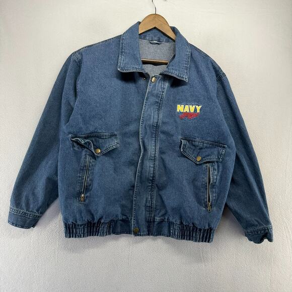 Vintage Navy Denim Bomber Jacket Mens Large Blue Cropped Boxy Elastic Collar 90s - Picture 1 of 9